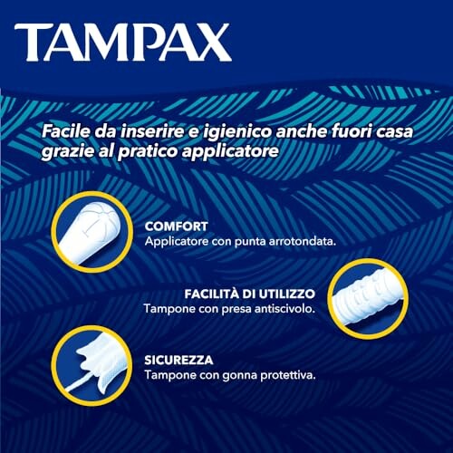 Tampax-product met kenmerken en voordelen in het Italiaans.