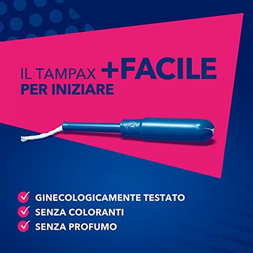 Tampax tampon met blauwe applicator en Italiaanse tekst