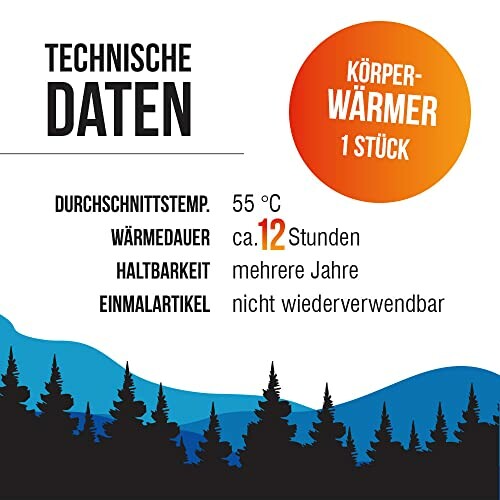 Technische gegevens van lichaamswarmer met temperatuur en duur.