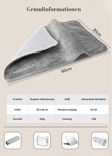 Grijze verwarmingsmat van graphene met specificaties.