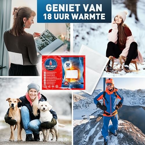 Collage van mensen die een warmteproduct gebruiken in de sneeuw