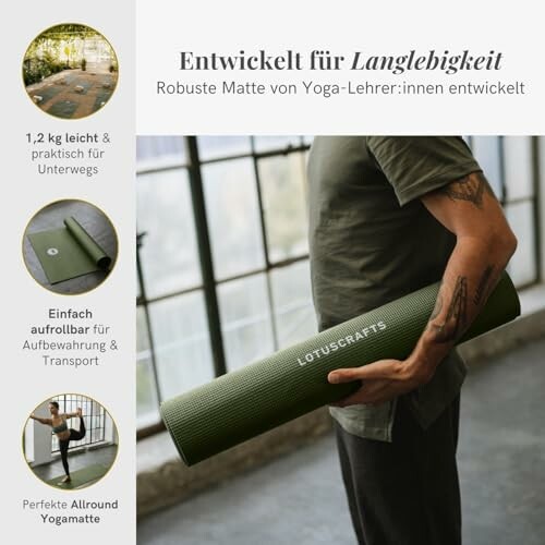 Groene yogamat met kenmerken en voordelen in het Duits.