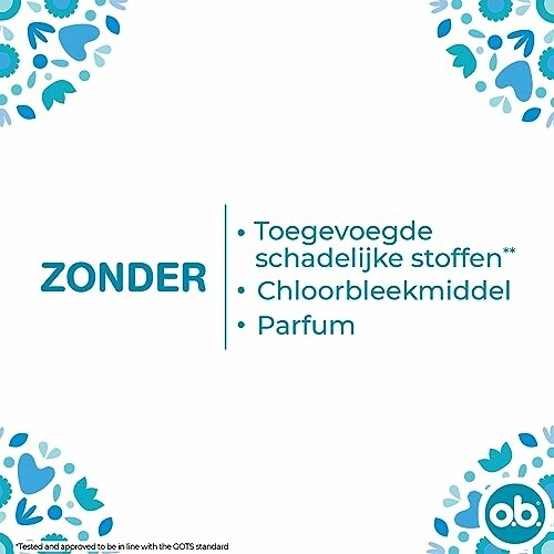 Etiket zonder schadelijke stoffen, chloorbleekmiddel, parfum